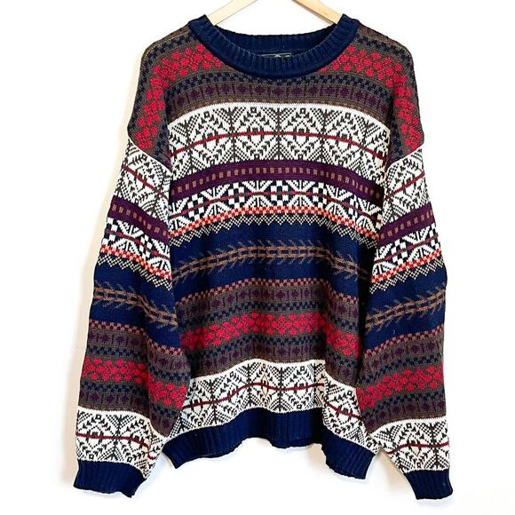 Vintage 90s Nordic Fair Isle Striped Mens Sweater Size XL Cabin Ski Dad Grandpa - Picture 1 of 8